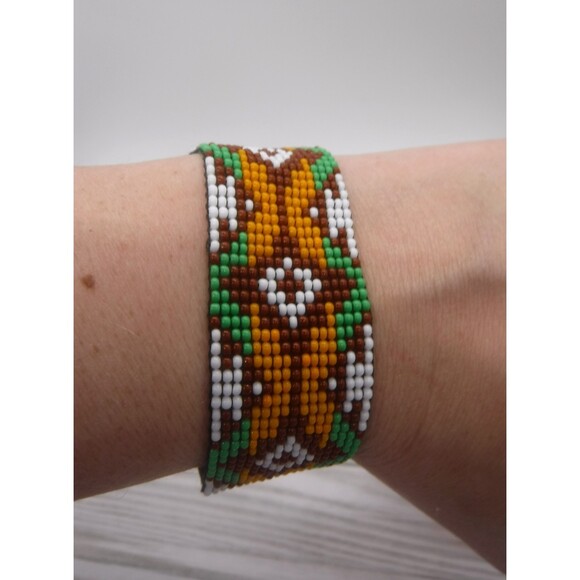 Loom Beaded Bracelet Brown, Green, & Orange w/ Vegan Leather - Picture 1 of 4